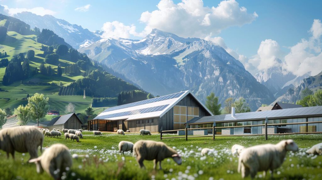 Moderne alpine Schaffarm mit hochwertigen Merinoschafen, Schweizer Bergkulisse, nachhaltige Landwirtschaftsästhetik mit Solarmodulen und modernen Scheunen, helles Tageslicht