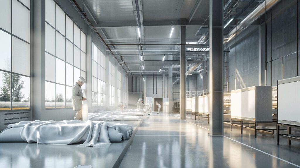 Moderne, nachhaltige Wollverarbeitungsanlage in der deutschen Landschaft, Spitzentechnologie trifft auf traditionelle Landwirtschaft, saubere Industriearchitektur, Arbeiter in modernen Uniformen