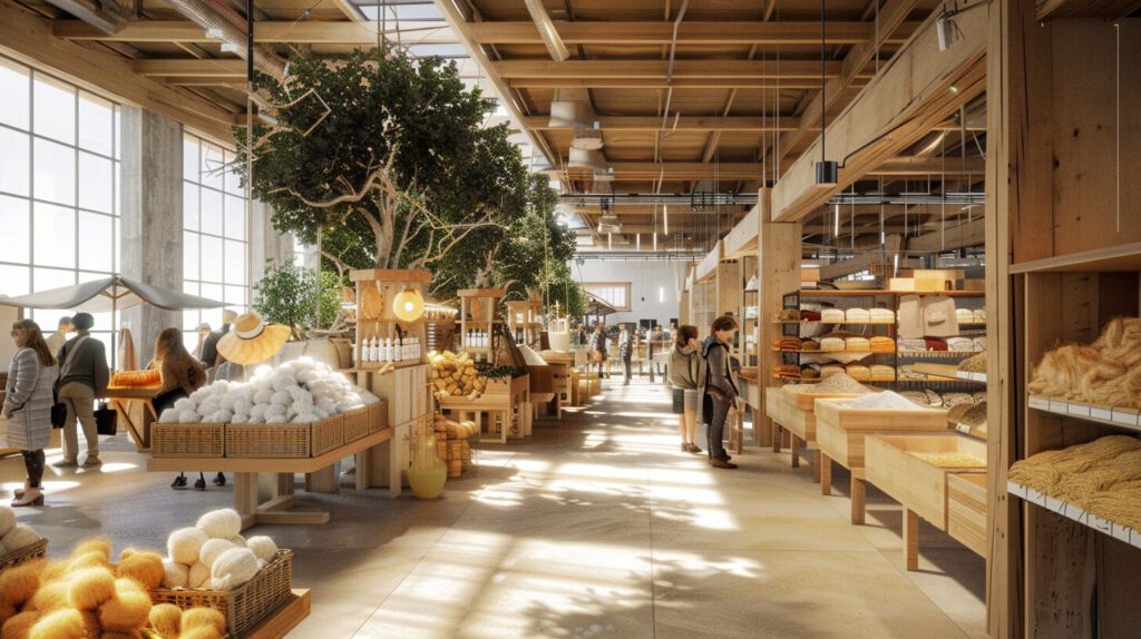 Optimistische Zukunftsszene: Moderner deutscher Wollmarkt mit Bauern, die stolz ihre Premiumwolle präsentieren, traditionelle Marktstände aus Holz treffen auf Hightech-Ausstellungen, lebendige Gemeinschaftsatmosphäre